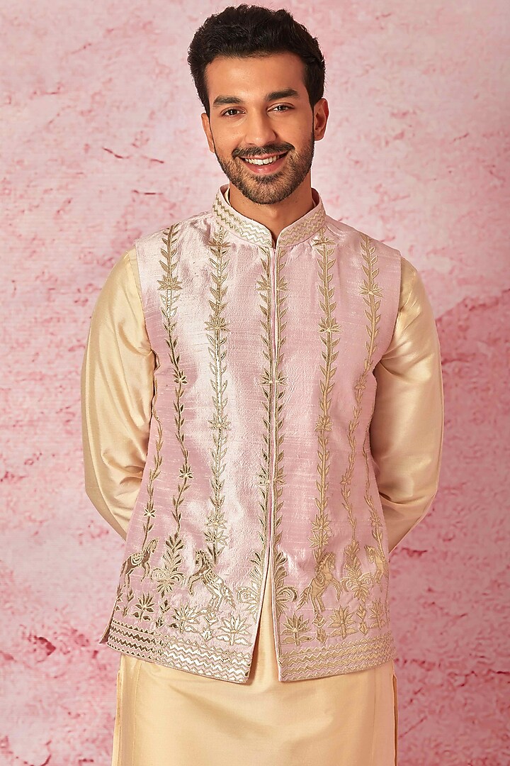 Pink Raw Silk Embroidered Bundi Jacket Set by ASUKA at Pernia's Pop Up Shop