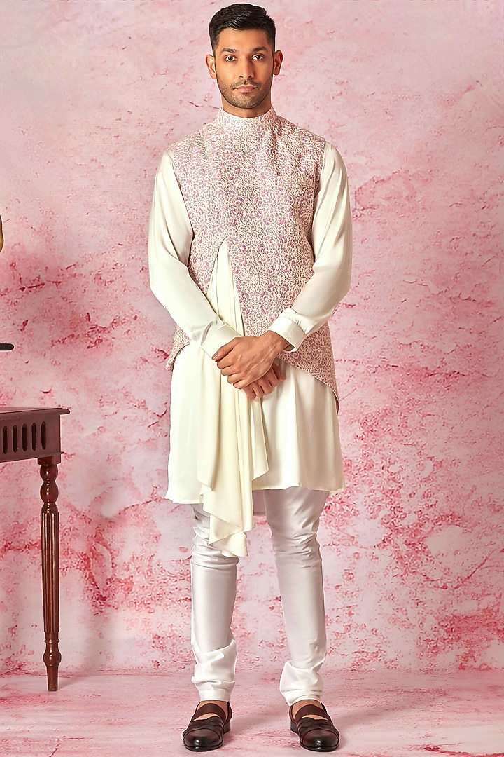 Pink Chanderi Silk Dori Embroidered Asymmetric Bundi Jacket Set by ASUKA at Pernia's Pop Up Shop