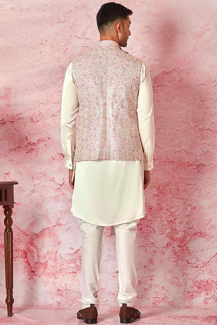 Pink Chanderi Silk Dori Embroidered Asymmetric Bundi Jacket Set by ASUKA at Pernia's Pop Up Shop