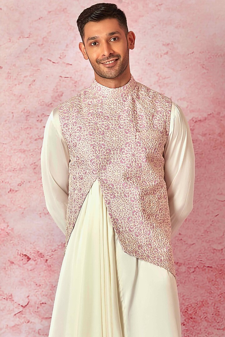 Pink Chanderi Silk Dori Embroidered Asymmetric Bundi Jacket Set by ASUKA at Pernia's Pop Up Shop