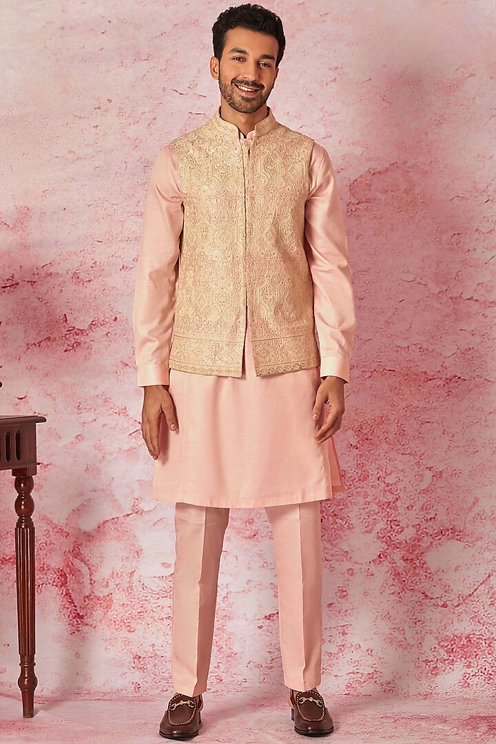 Cream Raw Silk Zari Work Bundi Jacket Set by ASUKA