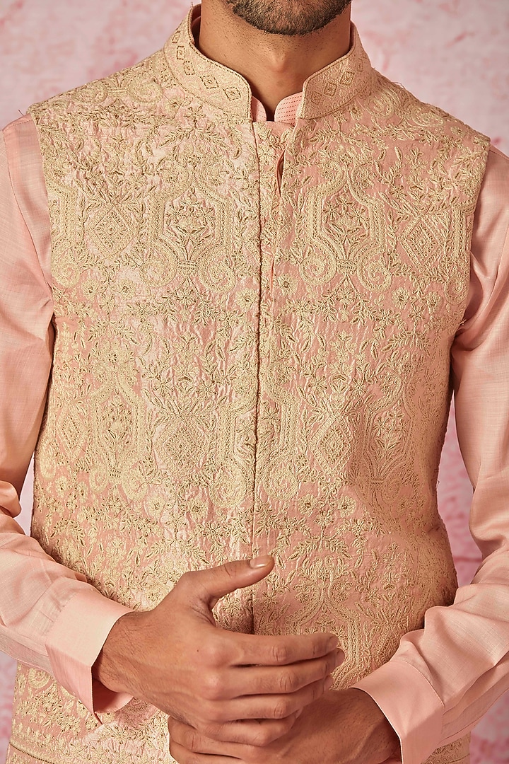 Cream Raw Silk Zari Work Bundi Jacket Set by ASUKA at Pernia's Pop Up Shop