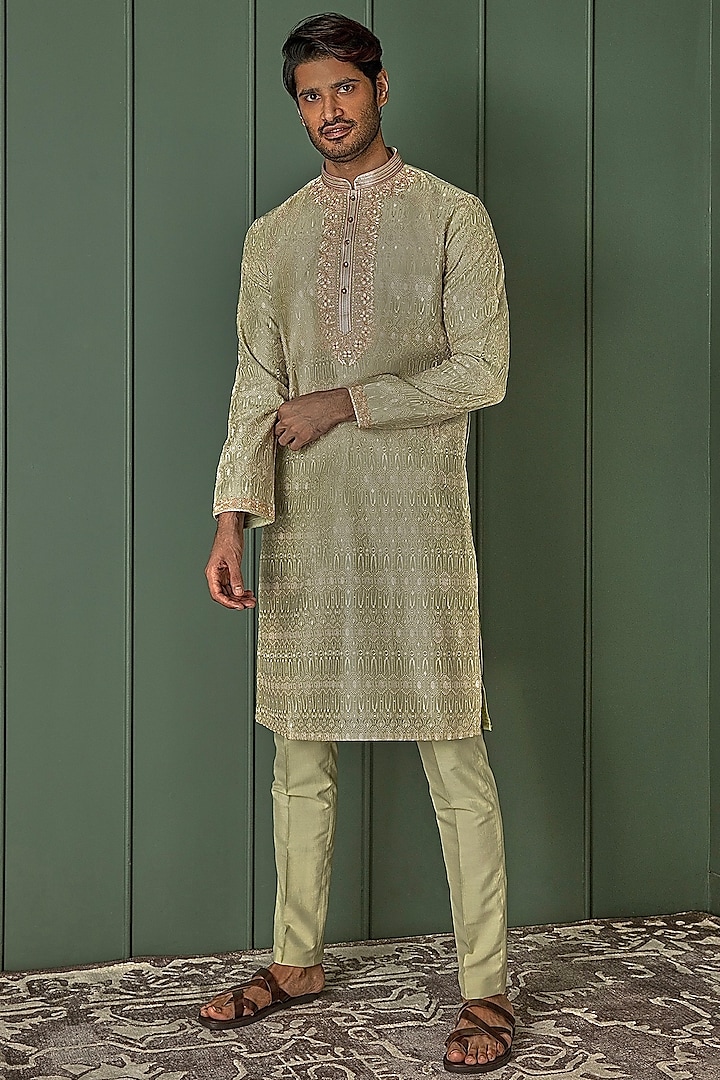 Olive Chanderi Silk Resham Embroidered Kurta Set by ASUKA