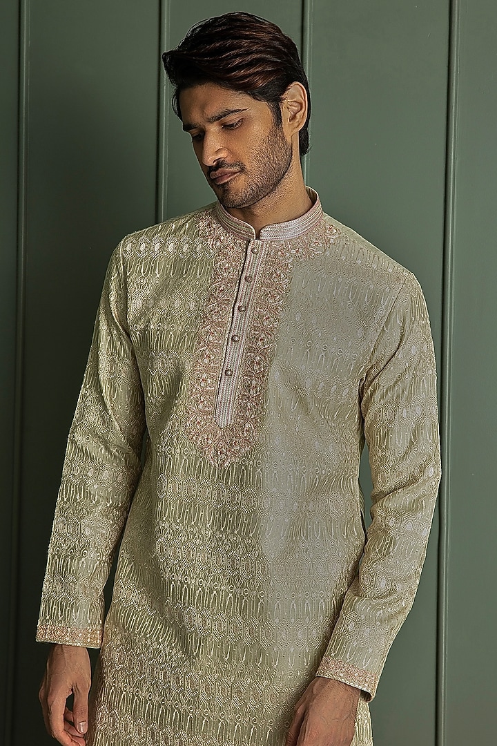 Olive Chanderi Silk Resham Embroidered Kurta Set by ASUKA at Pernia's Pop Up Shop
