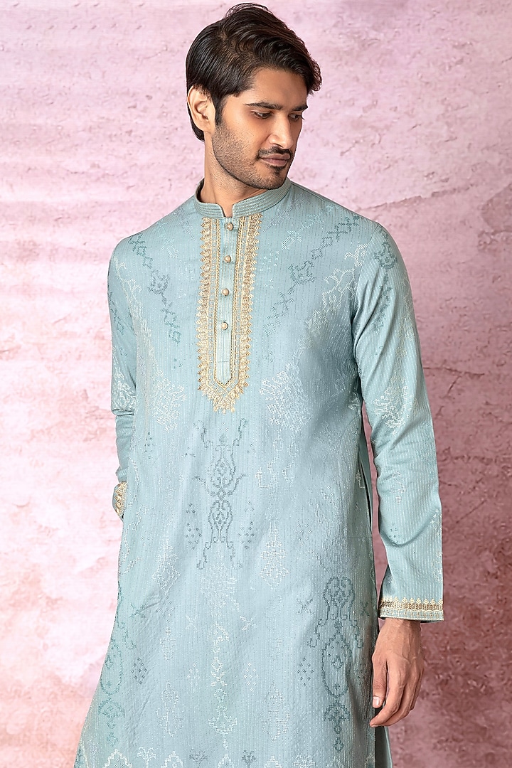 Sky Blue Chanderi Silk Resham Embroidered Kurta Set by ASUKA at Pernia's Pop Up Shop