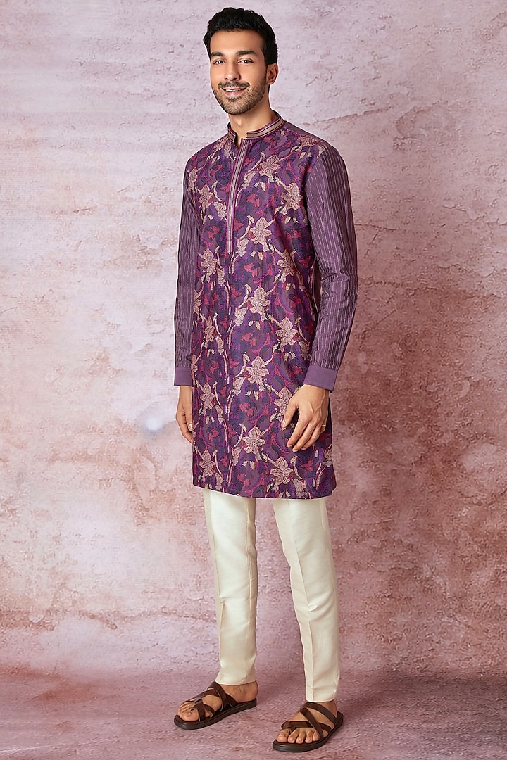 Purple Chanderi Silk Floral Embroidered Kurta Set by ASUKA