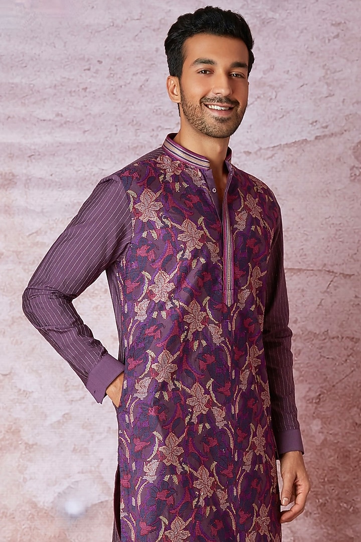 Purple Chanderi Silk Floral Embroidered Kurta Set by ASUKA at Pernia's Pop Up Shop