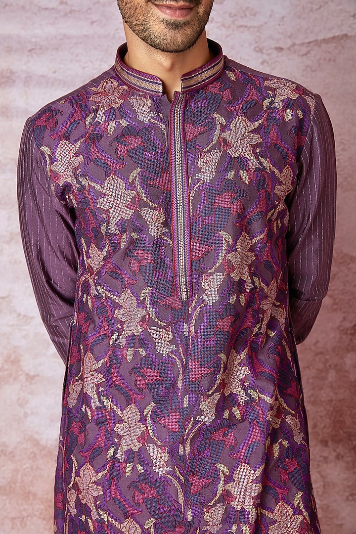 Purple Chanderi Silk Floral Embroidered Kurta Set by ASUKA at Pernia's Pop Up Shop