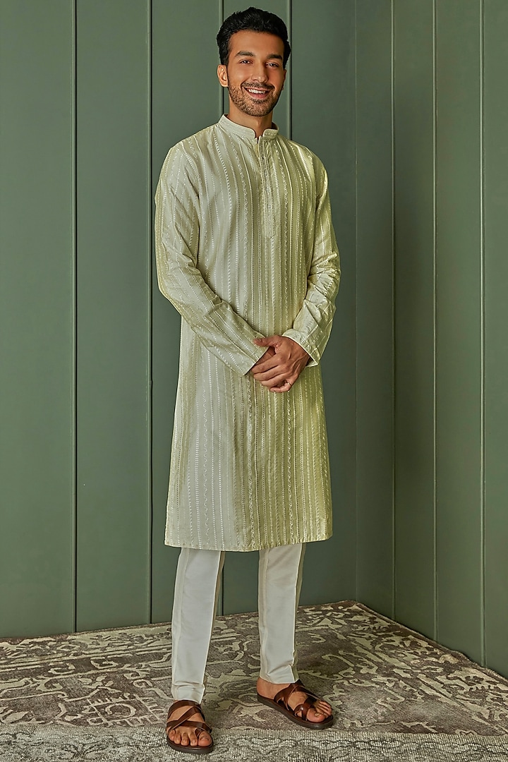 Lime Tussar Silk Resham Embroidered Kurta Set by ASUKA