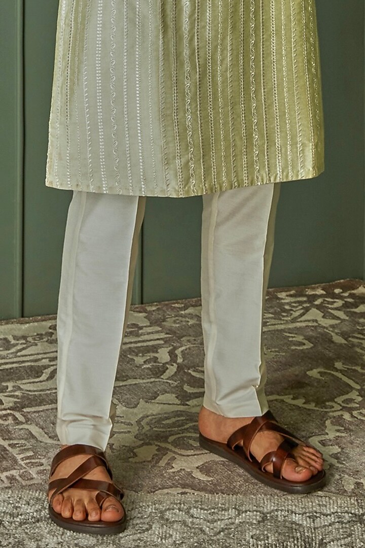 Lime Tussar Silk Resham Embroidered Kurta Set by ASUKA at Pernia's Pop Up Shop