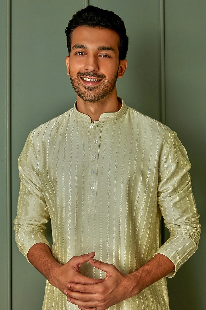 Lime Tussar Silk Resham Embroidered Kurta Set by ASUKA at Pernia's Pop Up Shop