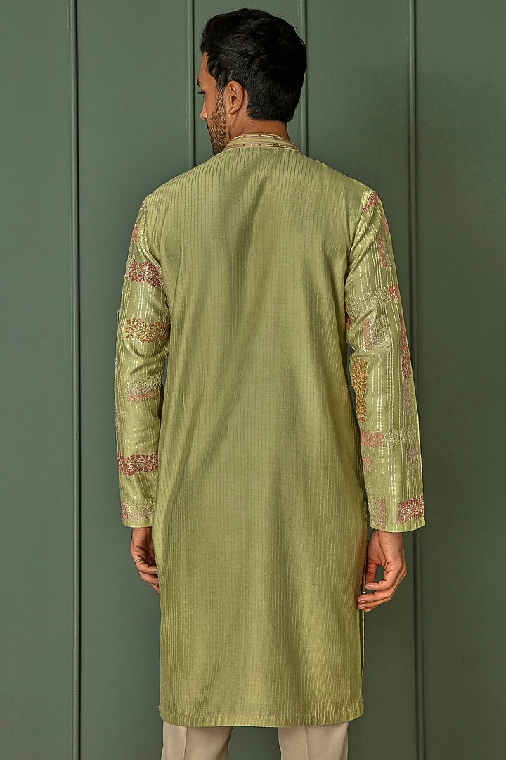 Olive Green Chanderi Silk Resham Embroidered Kurta Set by ASUKA at Pernia's Pop Up Shop