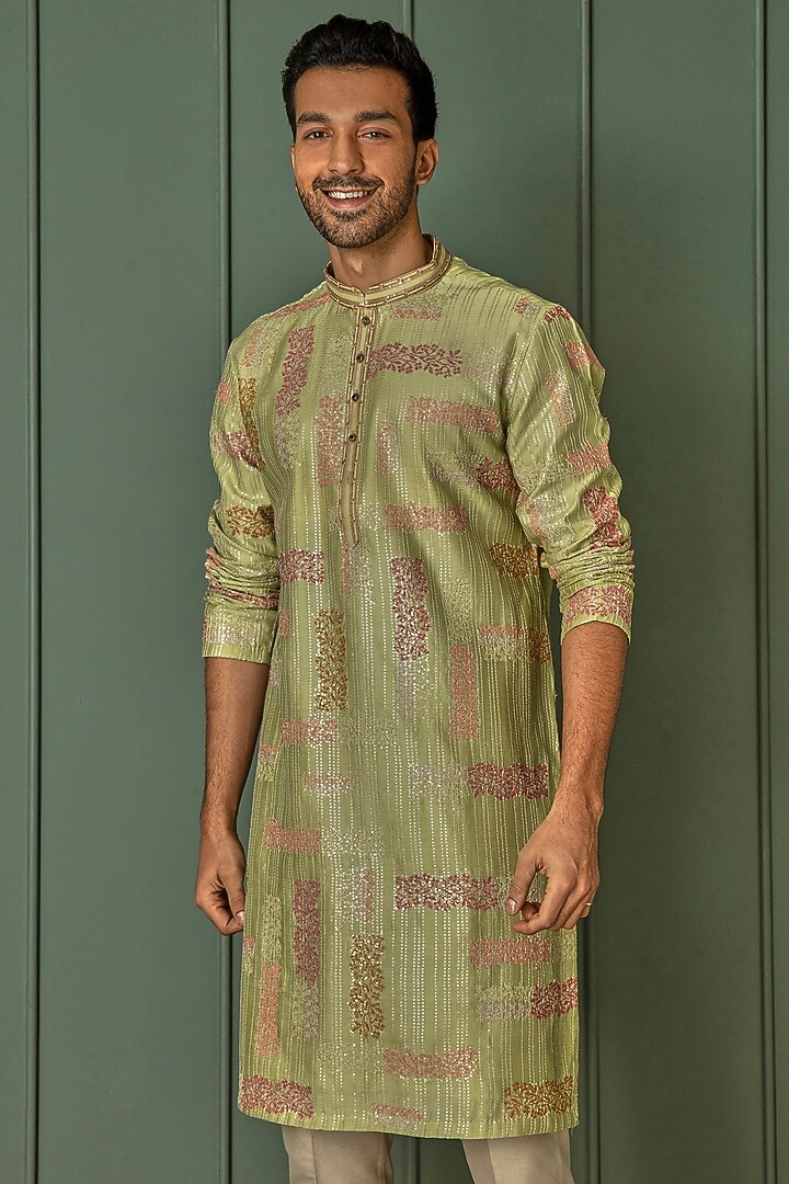 Olive Green Chanderi Silk Resham Embroidered Kurta Set by ASUKA at Pernia's Pop Up Shop
