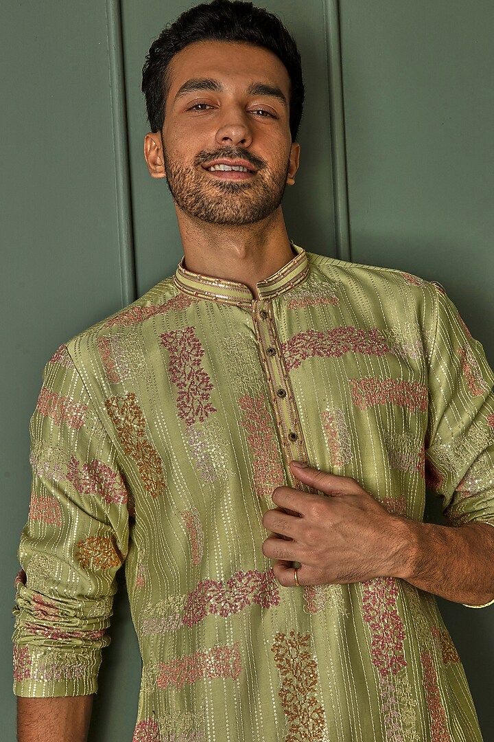 Olive Green Chanderi Silk Resham Embroidered Kurta Set by ASUKA at Pernia's Pop Up Shop