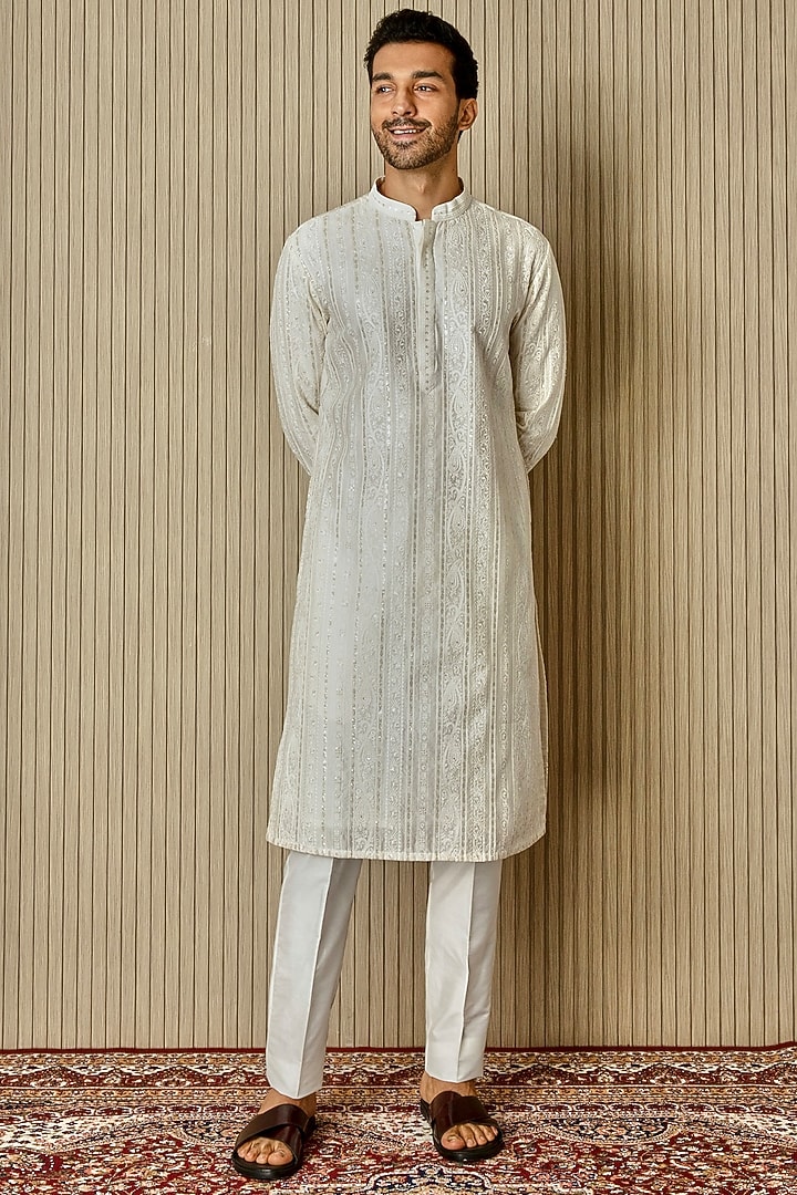 Ivory Chanderi Silk Resham Embroidered Kurta Set by ASUKA at Pernia's Pop Up Shop