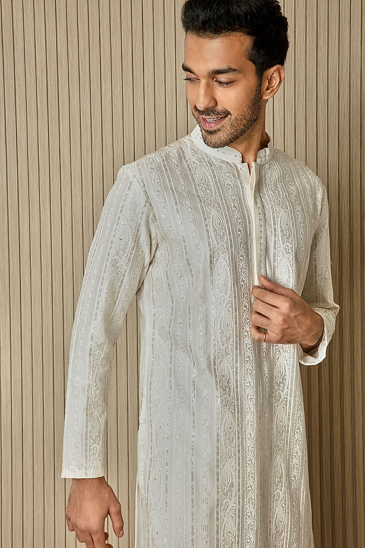 Ivory Chanderi Silk Resham Embroidered Kurta Set by ASUKA at Pernia's Pop Up Shop