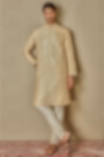 Beige Jacquard Silk Mirror Embellished Kurta Set by ASUKA at Pernia's Pop Up Shop