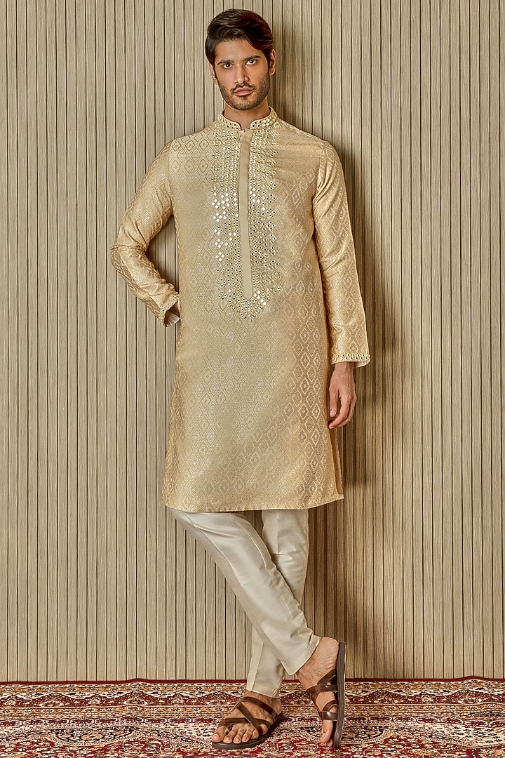 Beige Jacquard Silk Mirror Embellished Kurta Set by ASUKA at Pernia's Pop Up Shop