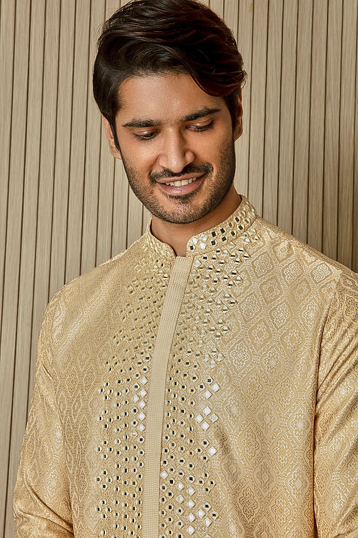 Beige Jacquard Silk Mirror Embellished Kurta Set by ASUKA at Pernia's Pop Up Shop
