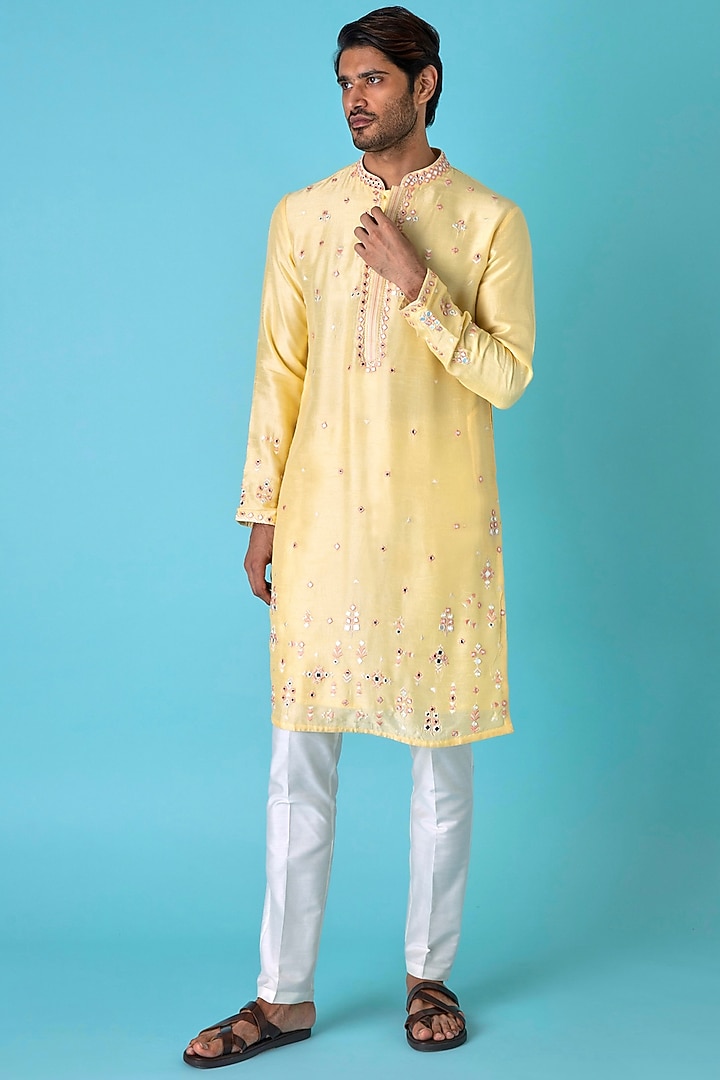 Yellow Chanderi Silk Resham Embroidered Kurta Set by ASUKA at Pernia's Pop Up Shop