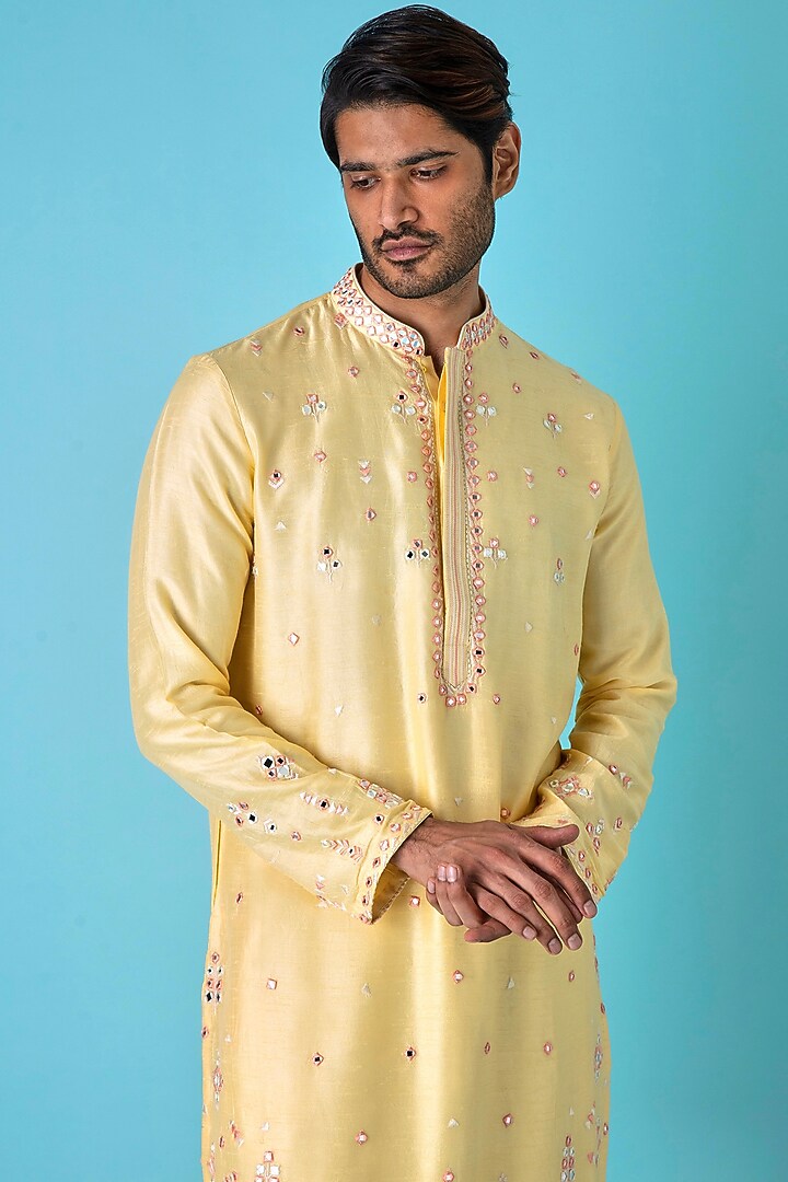 Yellow Chanderi Silk Resham Embroidered Kurta Set by ASUKA at Pernia's Pop Up Shop