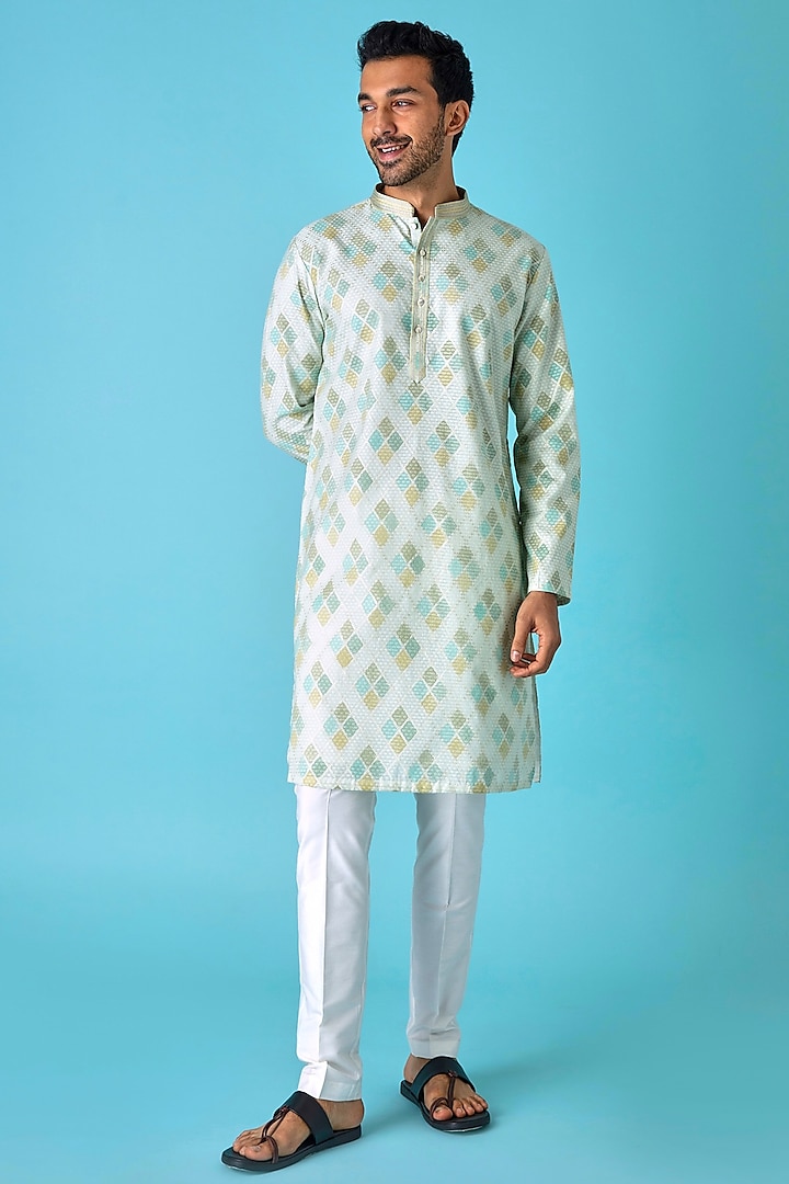 Light Green Chanderi Jacquard Printed Kurta Set by ASUKA