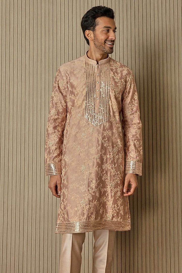 Copper Chanderi Silk Floral Embroidered Kurta Set by ASUKA at Pernia's Pop Up Shop
