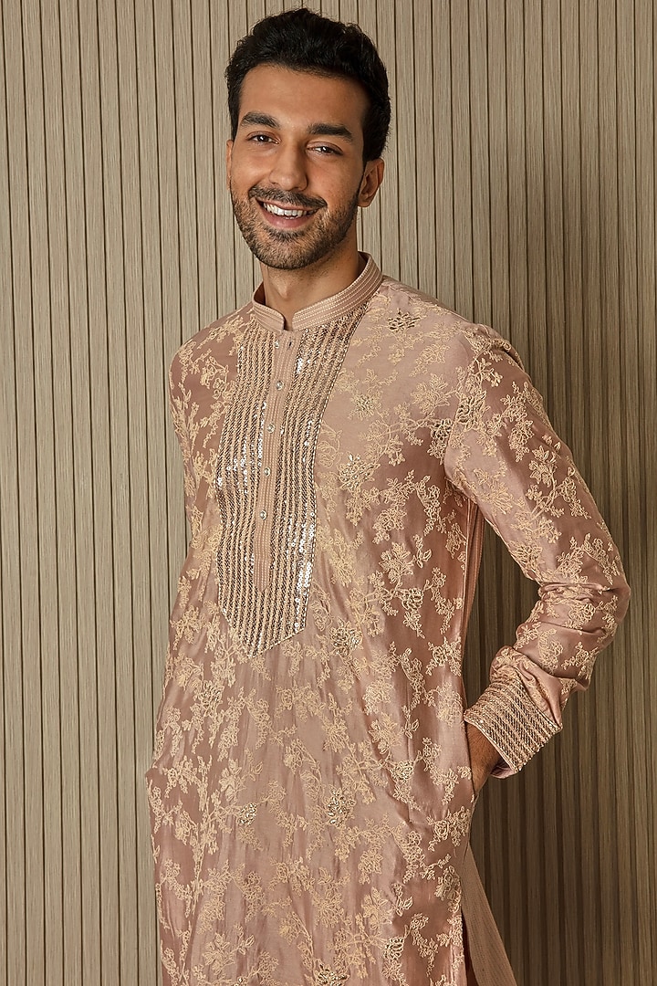 Copper Chanderi Silk Floral Embroidered Kurta Set by ASUKA at Pernia's Pop Up Shop
