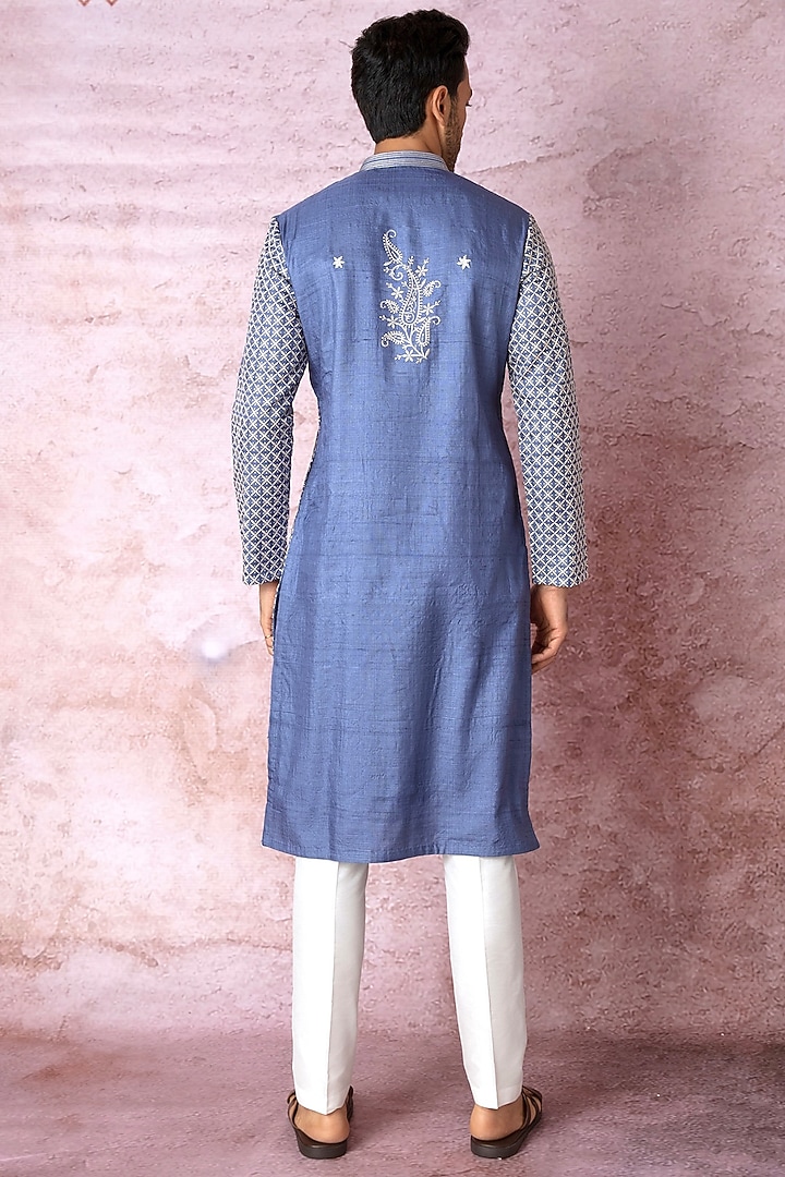 Royal Blue Tussar Silk Resham Embroidered Kurta Set by ASUKA at Pernia's Pop Up Shop