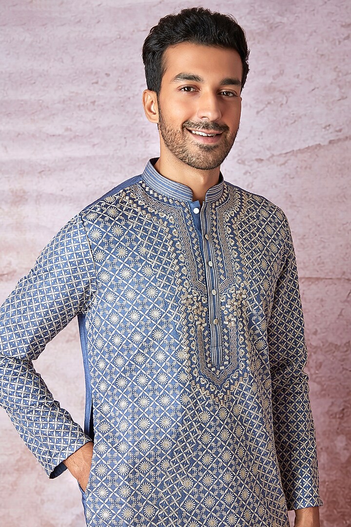Royal Blue Tussar Silk Resham Embroidered Kurta Set by ASUKA at Pernia's Pop Up Shop
