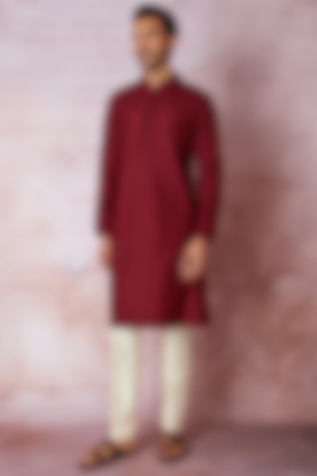 Maroon Chanderi Silk Resham Embroidered Kurta Set by ASUKA