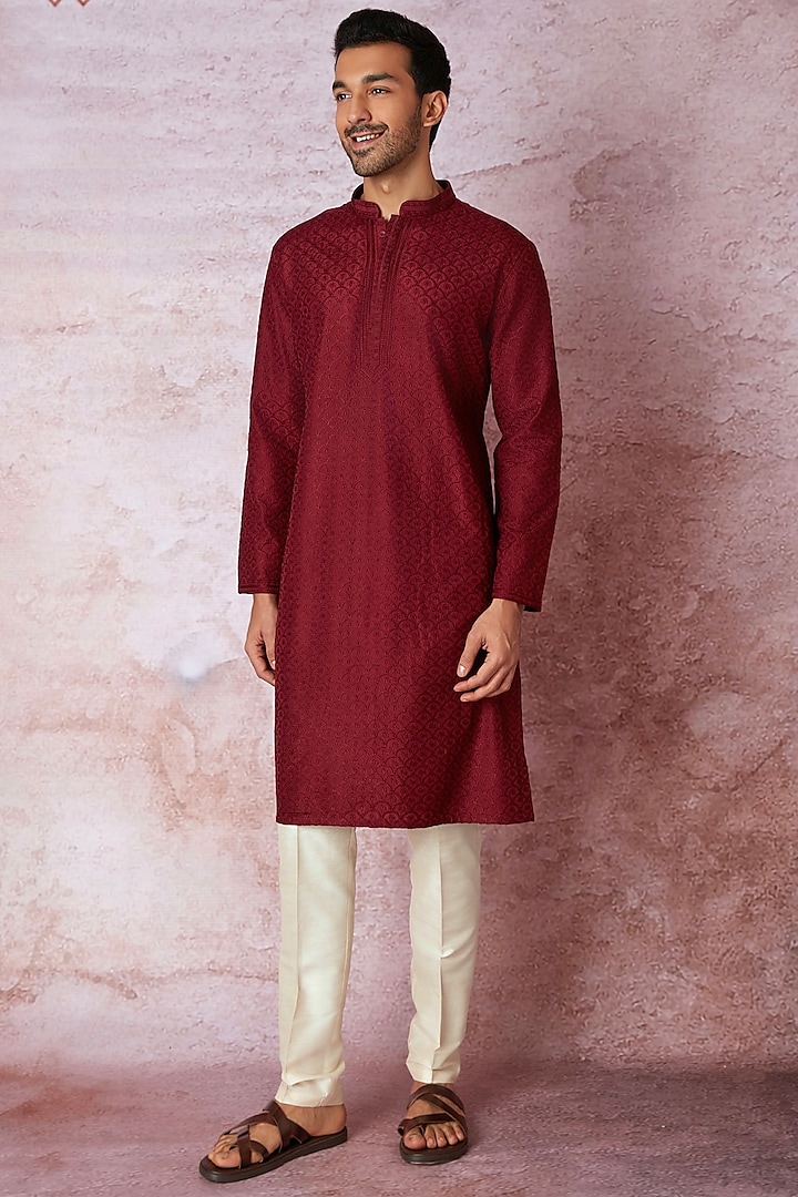 Maroon Chanderi Silk Resham Embroidered Kurta Set by ASUKA