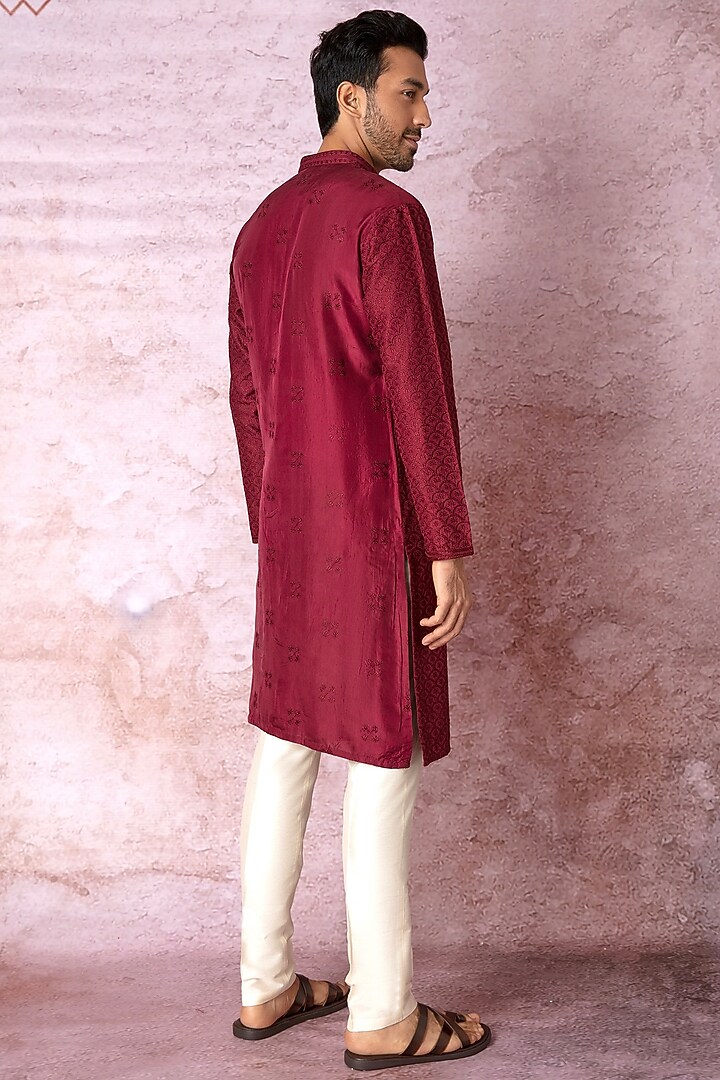 Maroon Chanderi Silk Resham Embroidered Kurta Set by ASUKA at Pernia's Pop Up Shop