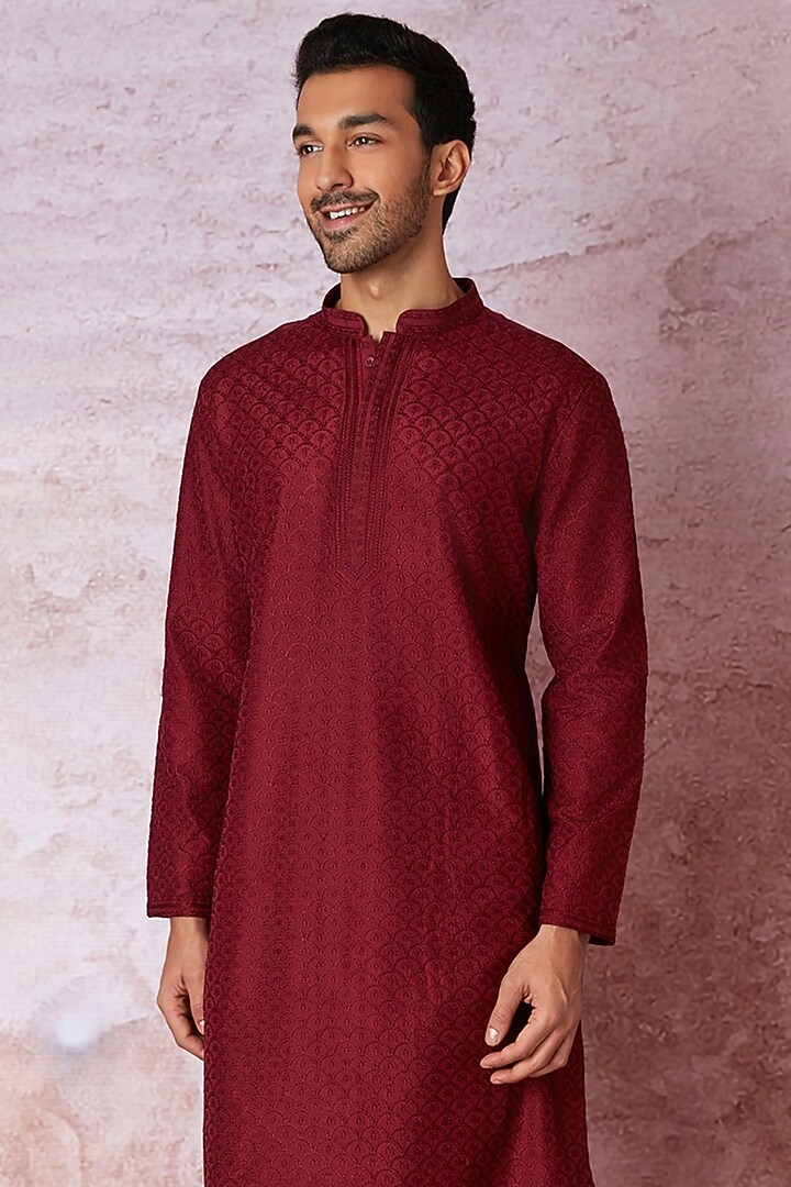 Maroon Chanderi Silk Resham Embroidered Kurta Set by ASUKA at Pernia's Pop Up Shop