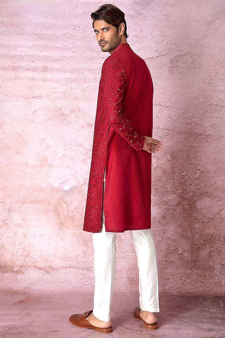 Red Chanderi Silk Resham Embroidered Kurta Set by ASUKA at Pernia's Pop Up Shop