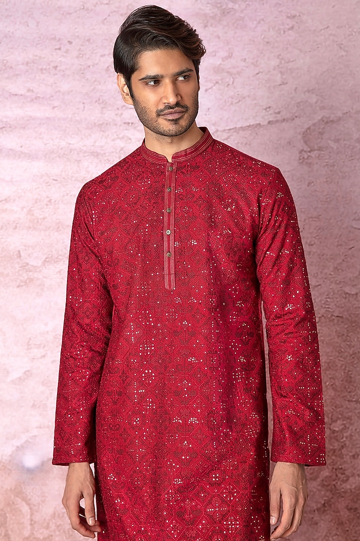 Red Chanderi Silk Resham Embroidered Kurta Set by ASUKA at Pernia's Pop Up Shop