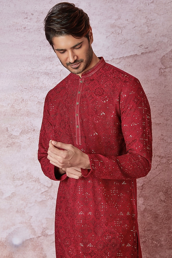 Red Chanderi Silk Resham Embroidered Kurta Set by ASUKA at Pernia's Pop Up Shop