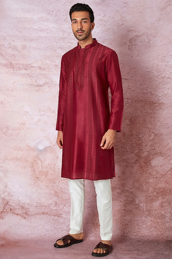 Wine Chanderi Silk Resham Embroidered Kurta Set by ASUKA at Pernia's Pop Up Shop