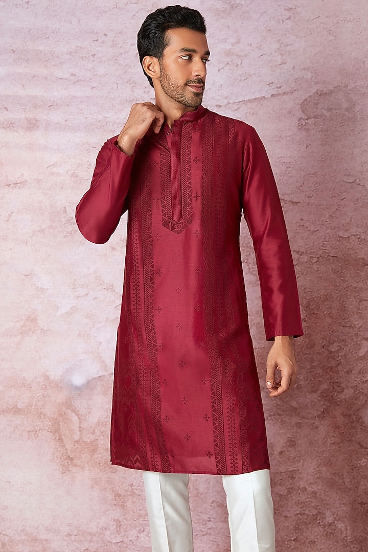 Wine Chanderi Silk Resham Embroidered Kurta Set by ASUKA at Pernia's Pop Up Shop
