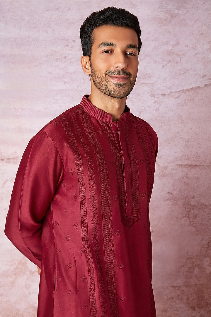 Wine Chanderi Silk Resham Embroidered Kurta Set by ASUKA at Pernia's Pop Up Shop