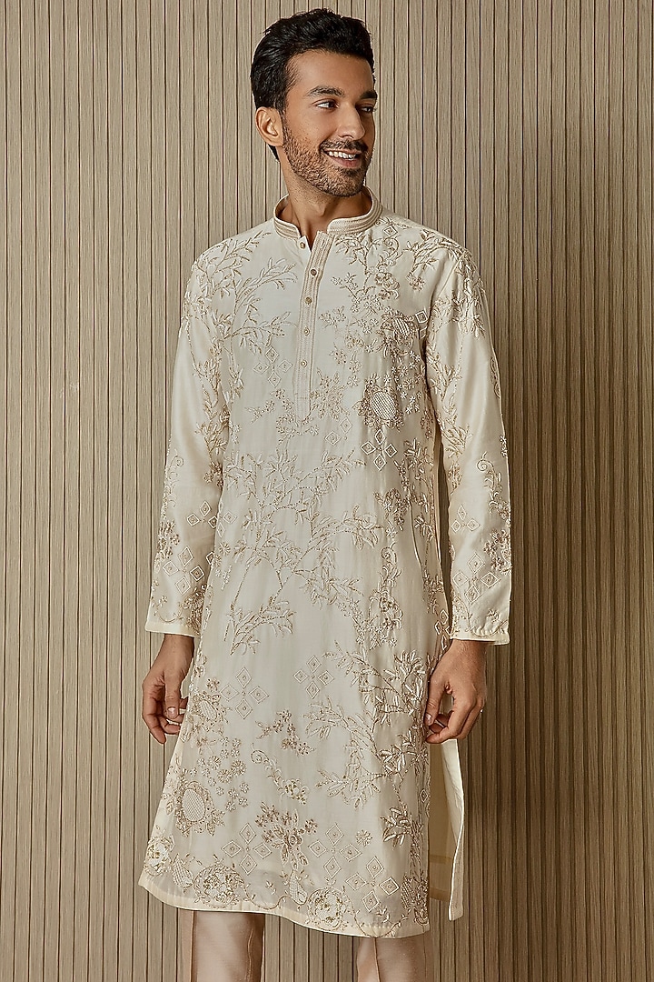 Cream Chanderi Silk Hand Embroidered Kurta Set by ASUKA at Pernia's Pop Up Shop