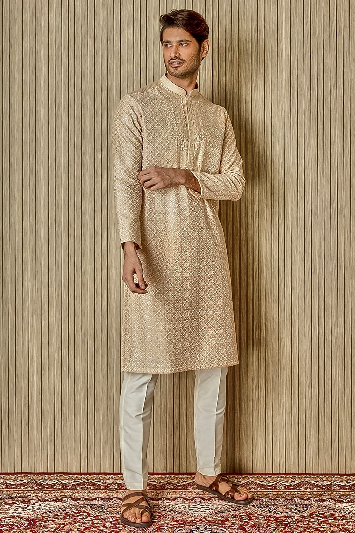 Beige Tussar Silk Resham Embroidered Kurta Set by ASUKA at Pernia's Pop Up Shop