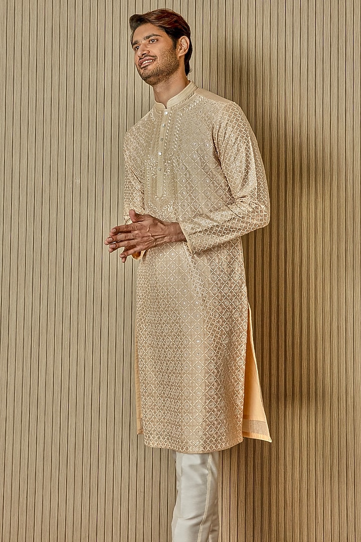 Beige Tussar Silk Resham Embroidered Kurta Set by ASUKA at Pernia's Pop Up Shop