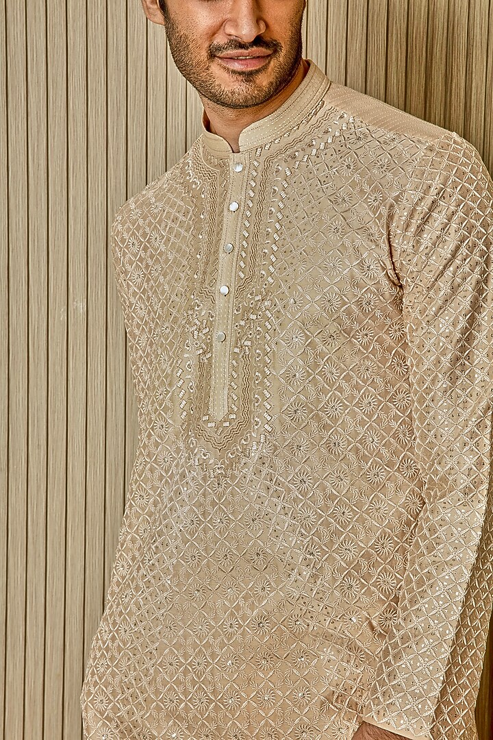 Beige Tussar Silk Resham Embroidered Kurta Set by ASUKA at Pernia's Pop Up Shop