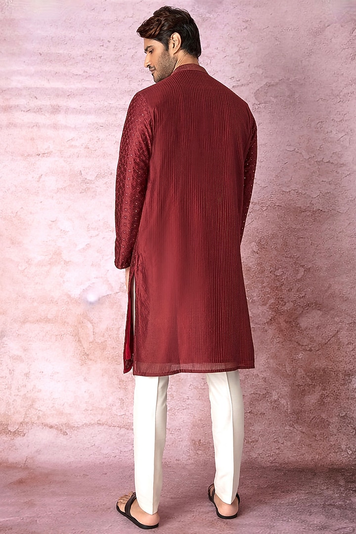 Maroon Chanderi Silk Resham Embroidered Kurta Set by ASUKA at Pernia's Pop Up Shop