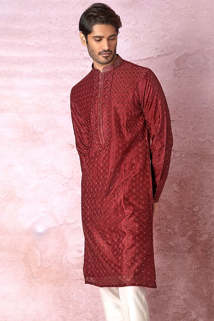 Maroon Chanderi Silk Resham Embroidered Kurta Set by ASUKA at Pernia's Pop Up Shop