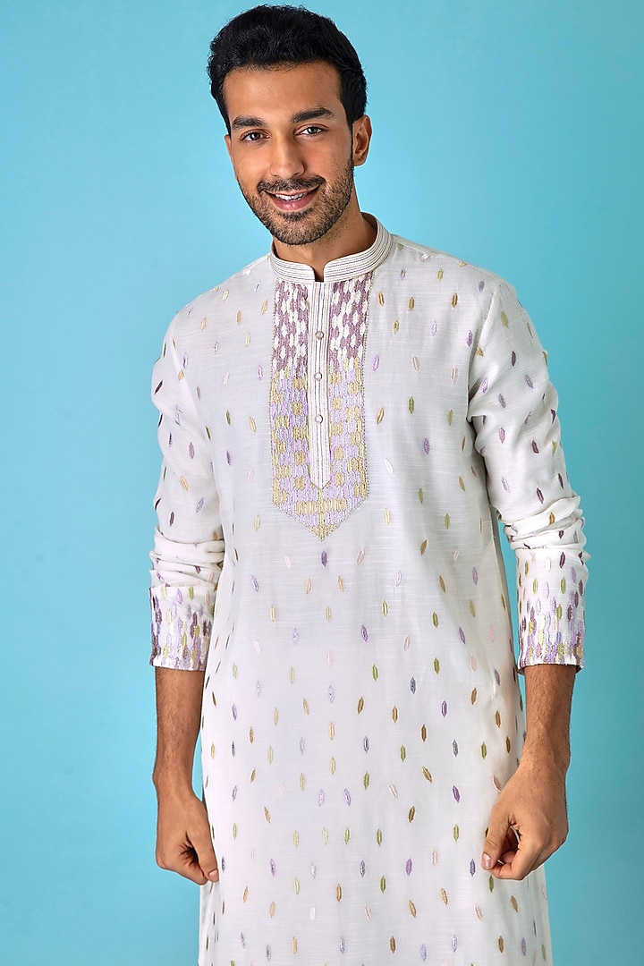 Ivory Chanderi Silk Resham Embroidered Kurta Set by ASUKA at Pernia's Pop Up Shop
