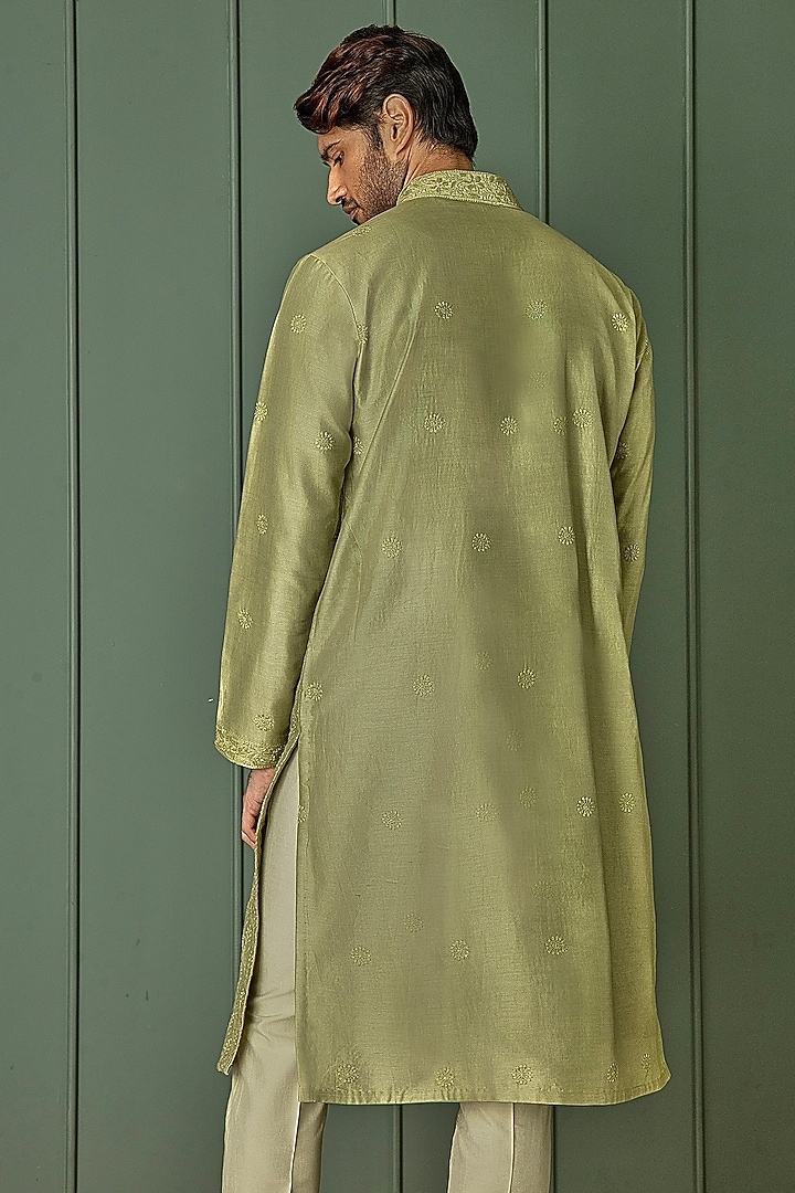Olive Green Chanderi Silk Resham Embroidered Kurta Set by ASUKA at Pernia's Pop Up Shop