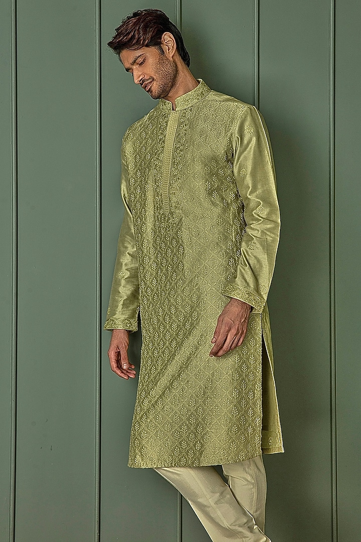 Olive Green Chanderi Silk Resham Embroidered Kurta Set by ASUKA at Pernia's Pop Up Shop