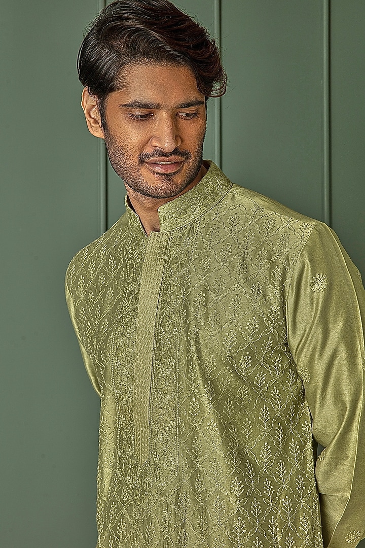 Olive Green Chanderi Silk Resham Embroidered Kurta Set by ASUKA at Pernia's Pop Up Shop